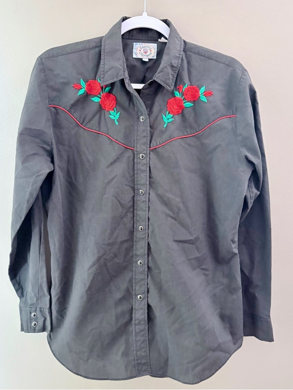 Vintage Ely Country Charmers Rose Embroidered Western Pearl Snap Shirt Black L